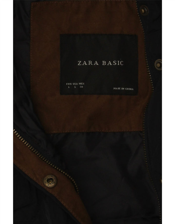 Colete acolchoado feminino Zara UK 14 grande poliéster colorblock azul marinho