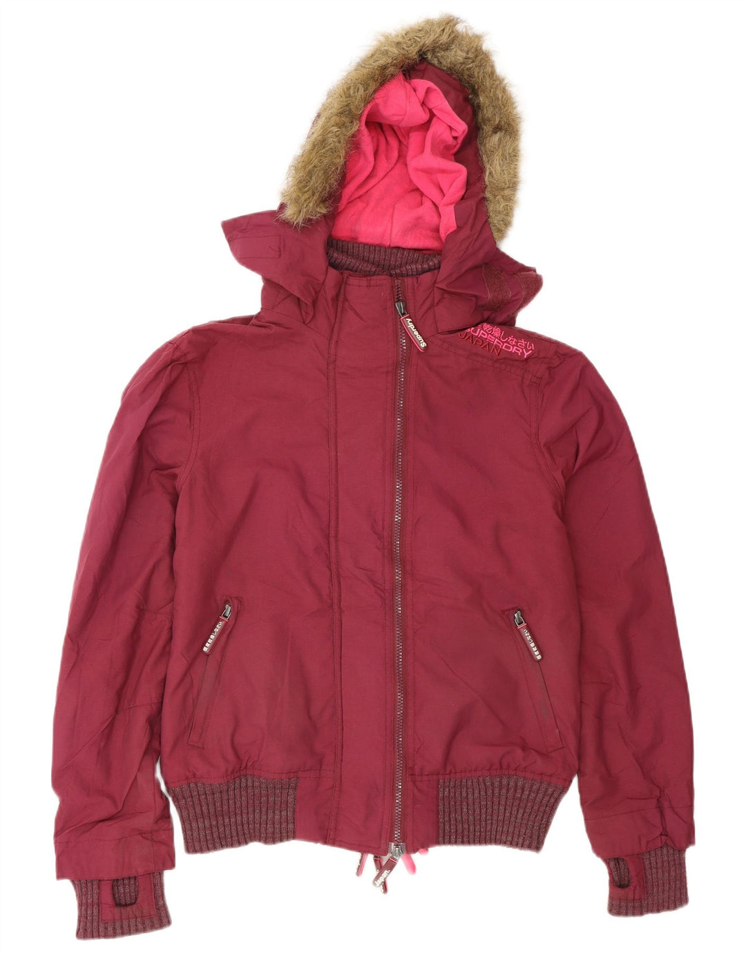 Jaqueta bomber com capuz feminina Superdry UK 14 poliéster médio Borgonha