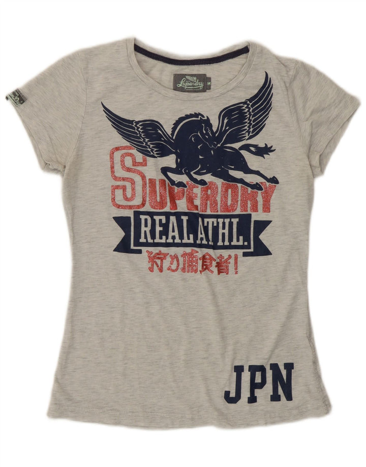 Camiseta feminina Superdry com estampa gráfica UK 12 poliéster manchado cinza médio