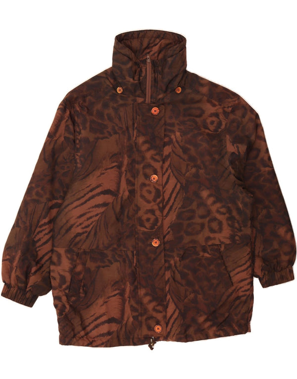 Casaco corta-vento feminino VINTAGE de grandes dimensões Reino Unido 6 XS marrom com estampa animal