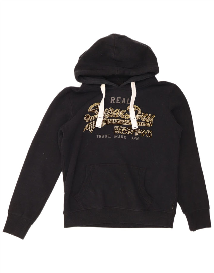 Jumper feminino com capuz gráfico SUPERDRY Reino Unido 12 algodão preto médio