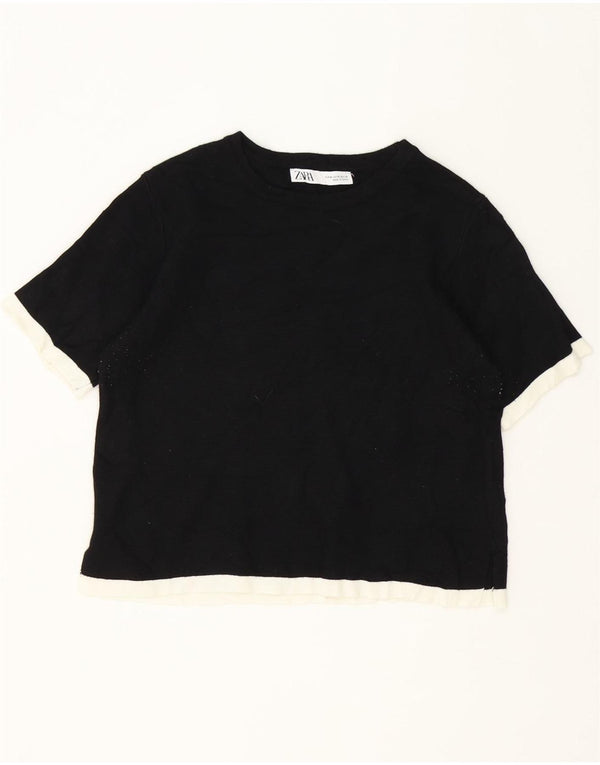 Zara Camiseta Feminina Crop Top UK 12 Médio Preto Colourblock Viscose