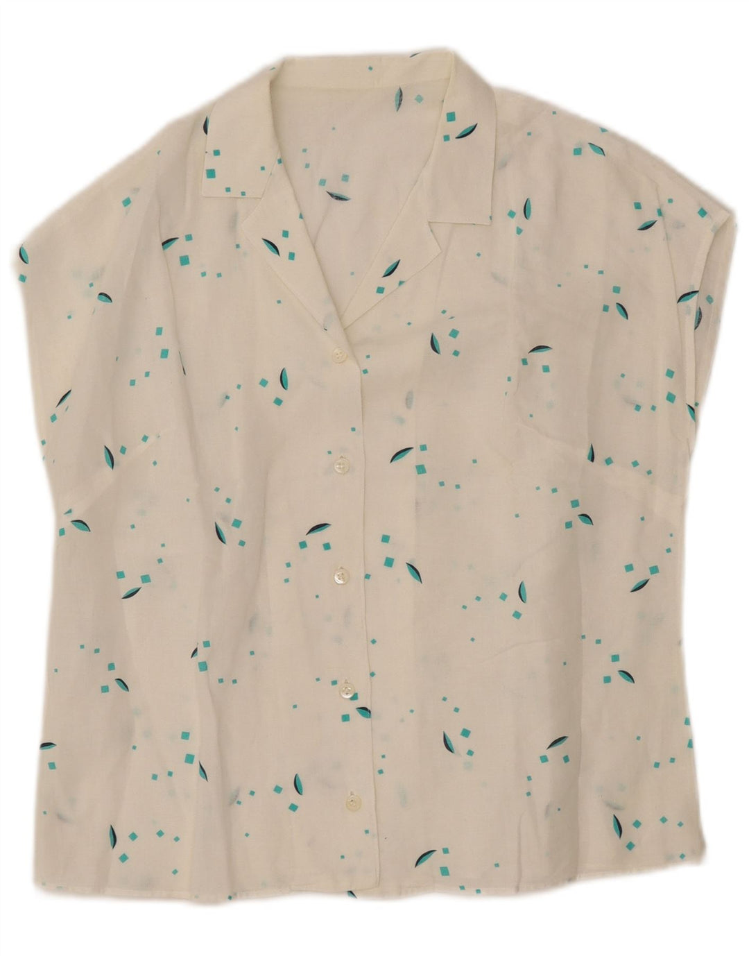 Blusa feminina VINTAGE sem mangas Reino Unido 12 médio branco geométrico