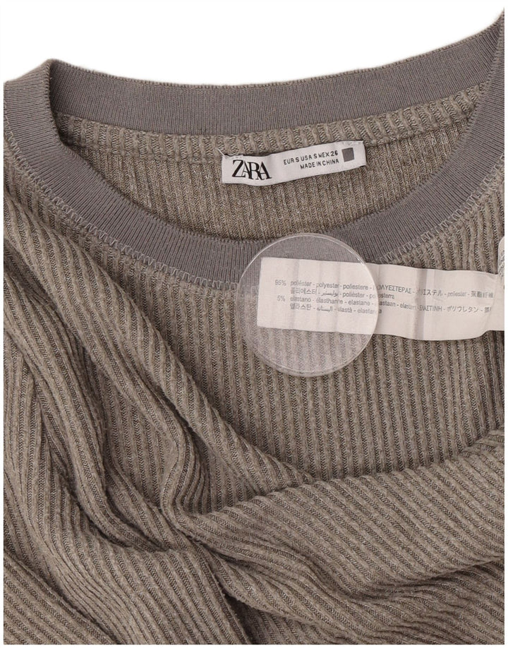 Top feminino Zara manga comprida UK 10 pequeno poliéster cinza
