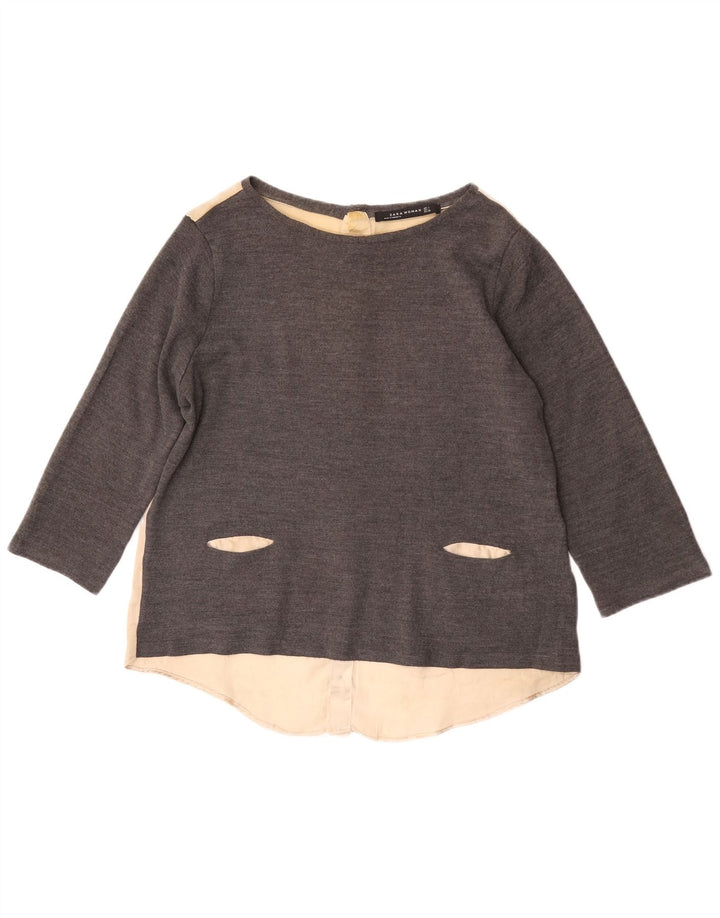 Zara blusa feminina manga 3/4 top UK 16 grande cinza colorblock