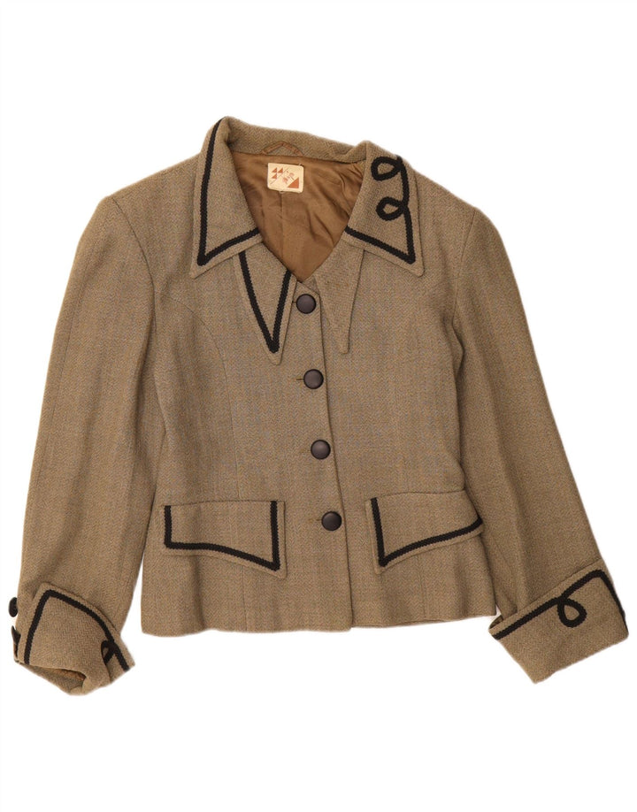 Jaqueta blazer vintage feminina com 4 botões Reino Unido 8 pequena bege