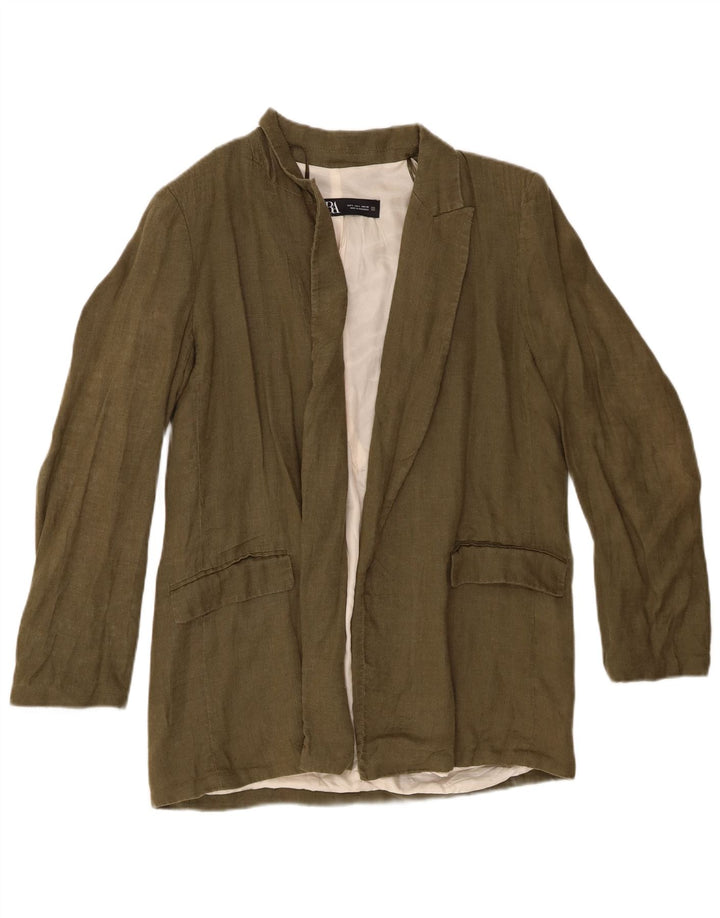Zara Womens Open Blazer Jacket Reino Unido 16 Grande Linho Cáqui