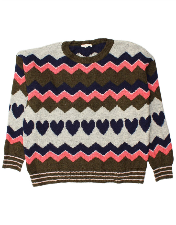 Suéter feminino branco com gola redonda e gola redonda UK 12 médio multicolorido