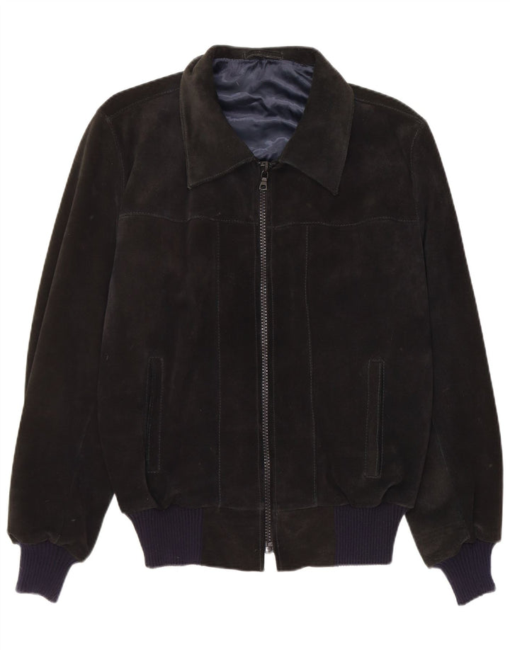 Jaqueta bomber masculina vintage de camurça Reino Unido 38 couro preto médio