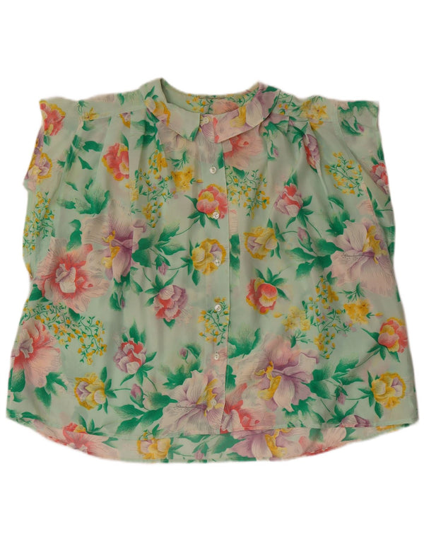 Blusa feminina vintage de manga curta oversized Reino Unido 16 grande verde floral