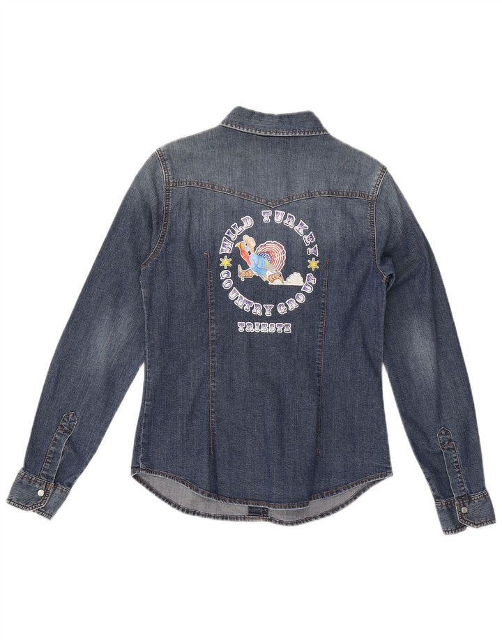 Camisa jeans gráfica feminina Benetton Reino Unido 12 algodão azul médio