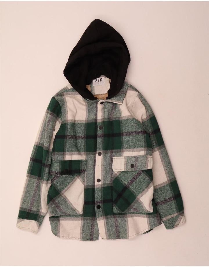 Jaqueta utilitária Sherpa masculina vintage com capuz poliéster verde pequeno Reino Unido 36