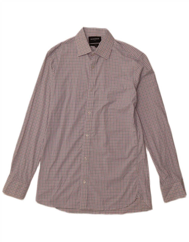 Camisa masculina BONOBOS Slim Fit tamanho 15 1/2 médio rosa xadrez nylon