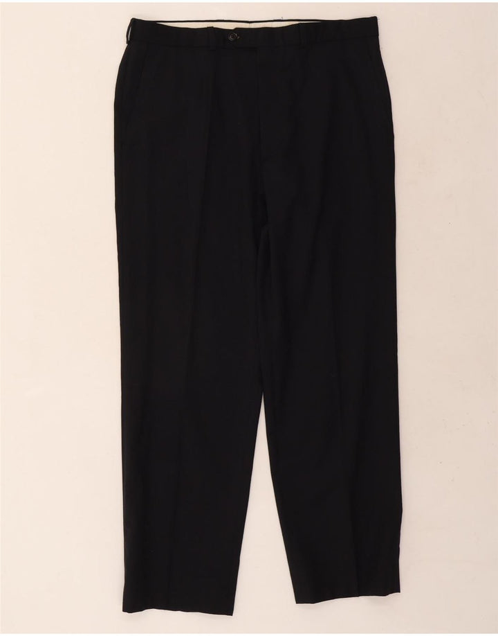 Calça masculina de terno reto Marks & Spencer W34 L29 lã azul marinho