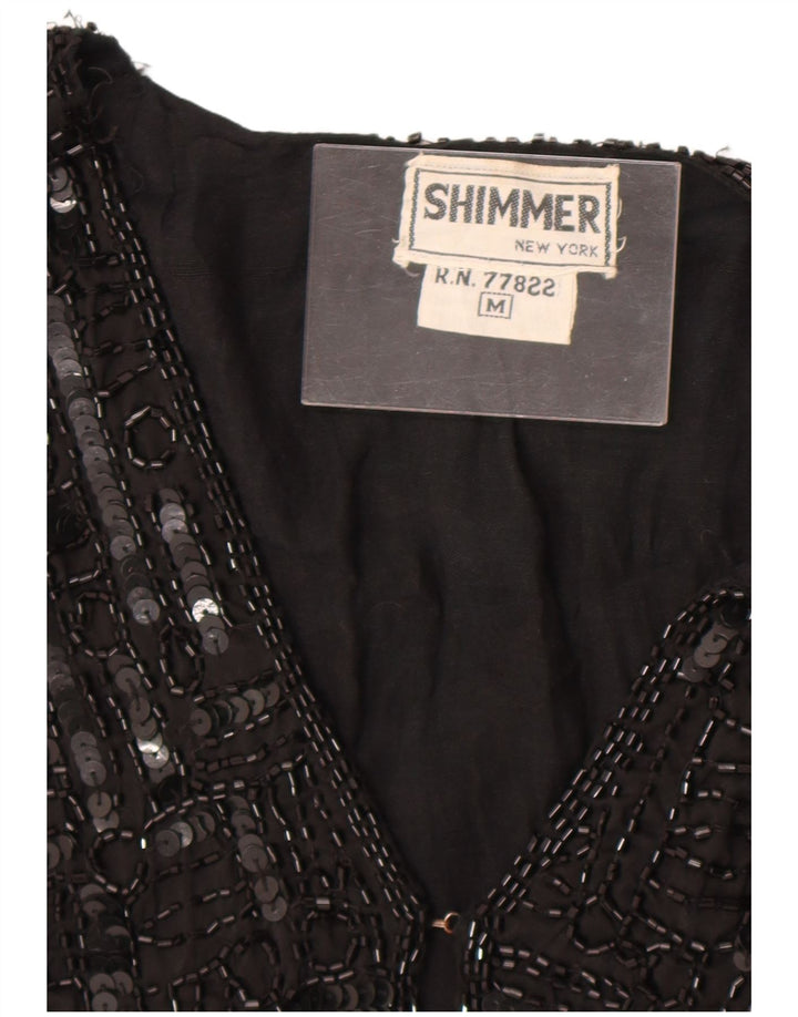 Colete feminino vintage de lantejoulas UK 12 seda preta média