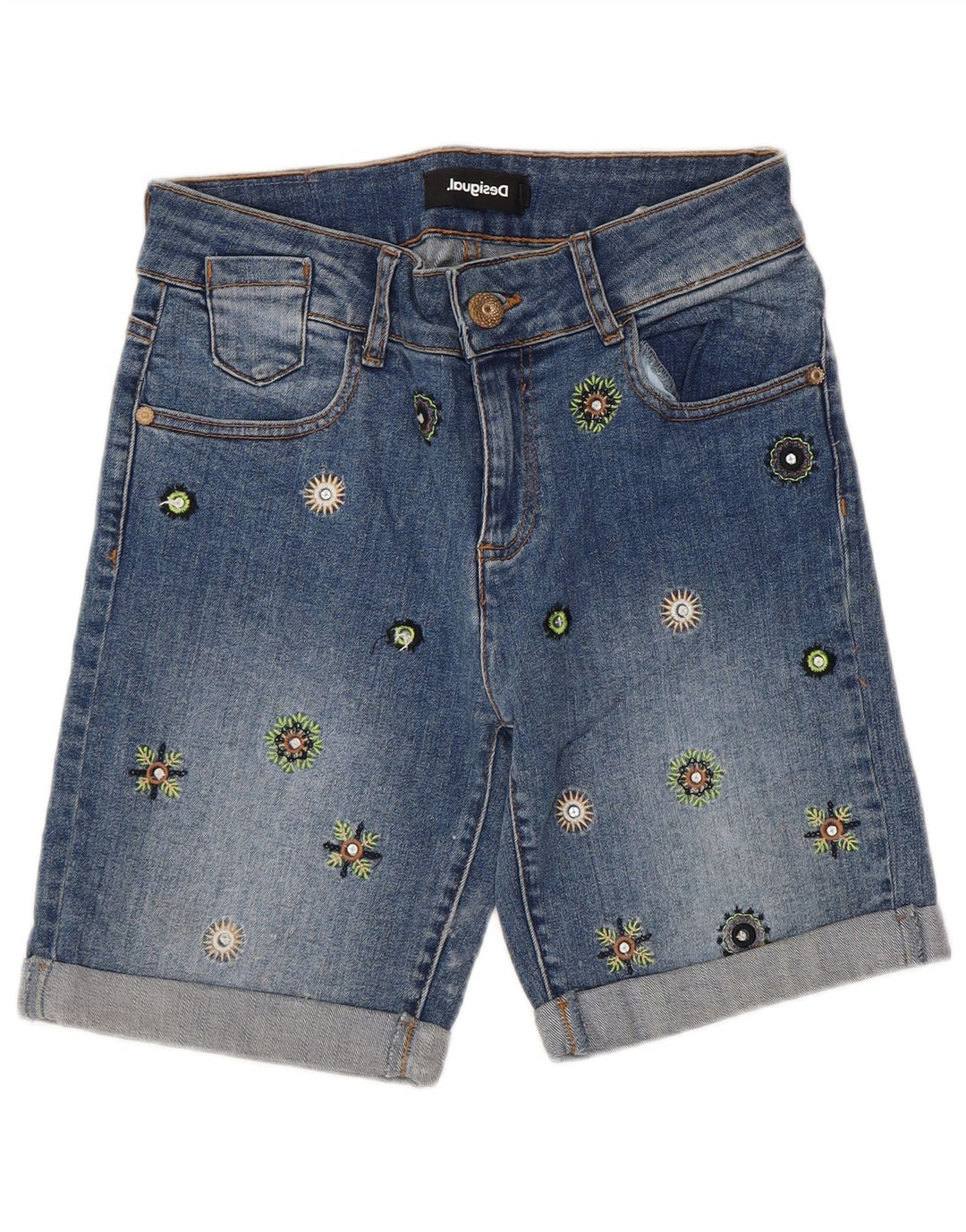 Shorts jeans feminino Desigual W26 pequeno azul floral algodão
