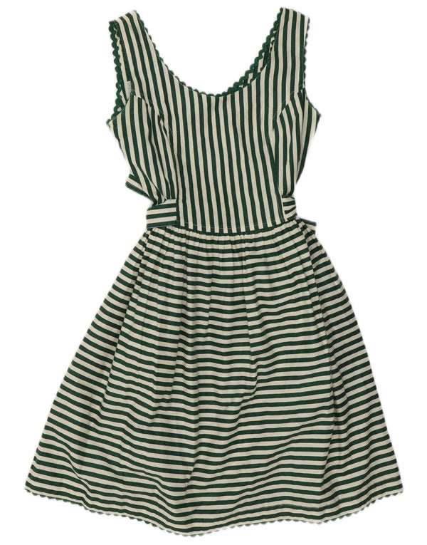 Vestido feminino vintage sem mangas evasê UK 10 pequeno algodão listrado verde