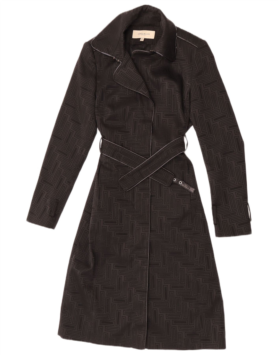 Trench Coat feminino Karen Millen UK 10 poliéster geométrico preto pequeno