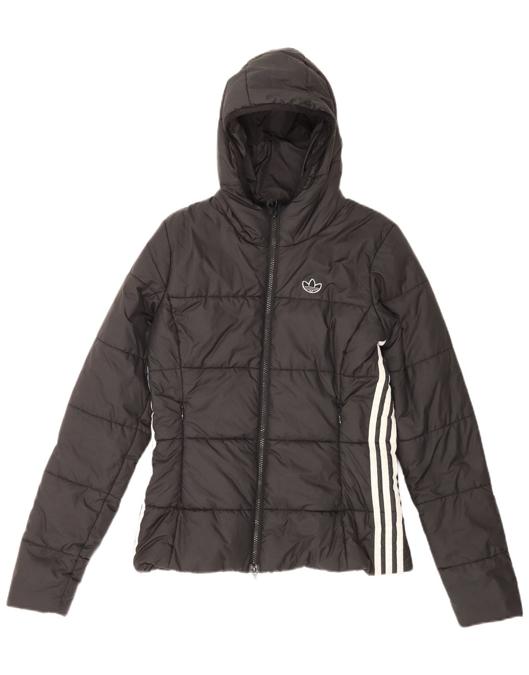 Casaco acolchoado com capuz feminino Adidas UK 8 pequeno poliéster preto