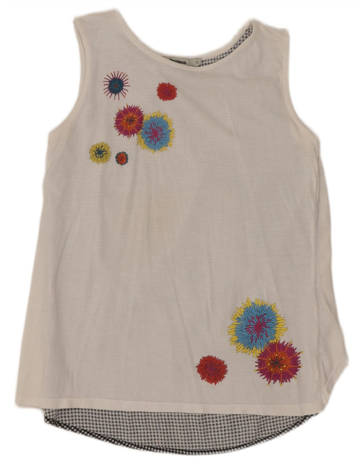Blusa feminina sem mangas DESIGUAL UK 10 pequena floral branca