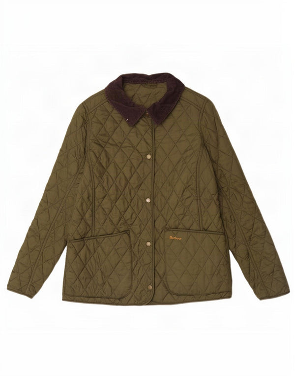 Jaqueta acolchoada feminina Barbour UK 14 grande cáqui colorblock poliamida