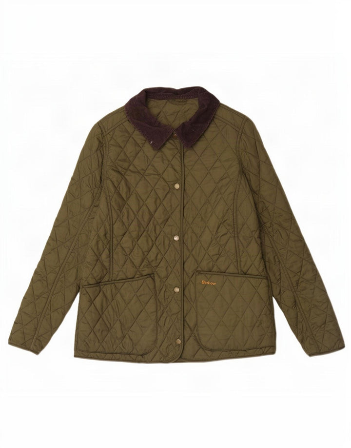 Jaqueta acolchoada feminina Barbour UK 14 grande cáqui colorblock poliamida