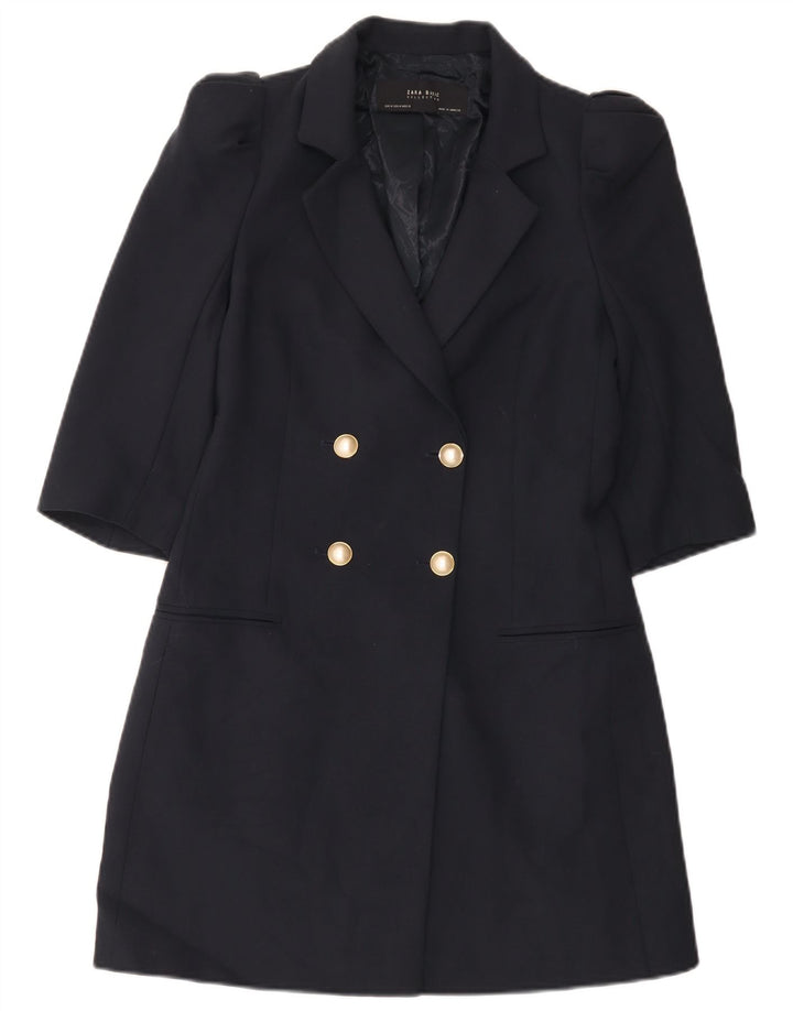 Jaqueta blazer feminina Zara Longline Double Breasted Reino Unido 12 Médio Azul Marinho