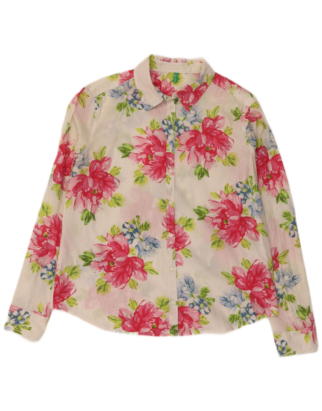 Camisa feminina Benetton UK 16 grande algodão floral multicolorido