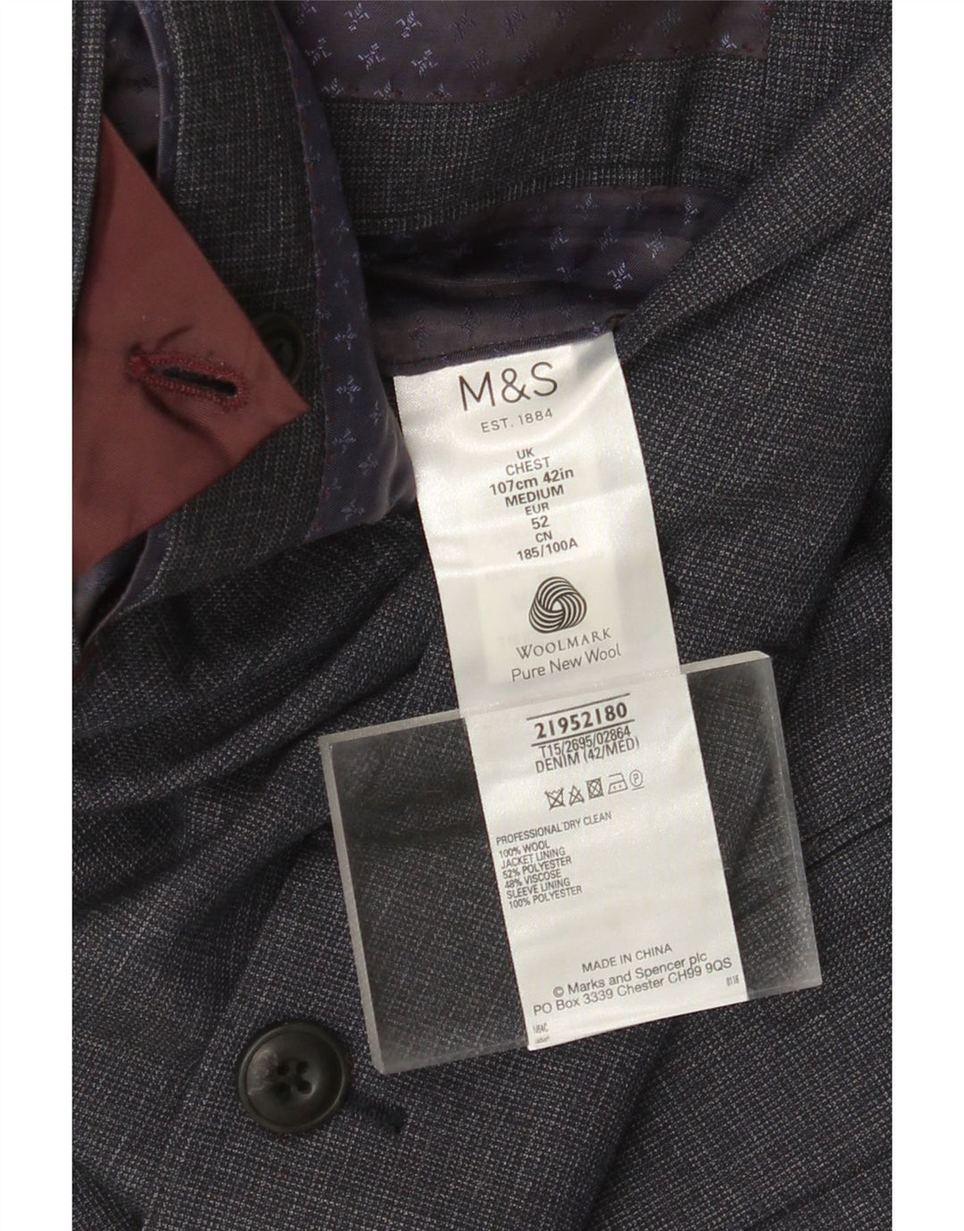 Jaqueta blazer masculina de 2 botões MARKS & SPENCER IT 52 XL lã azul marinho