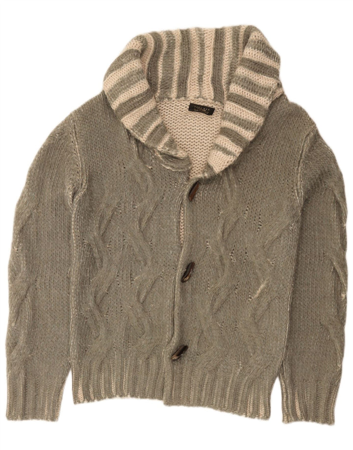 Zara Suéter Cardigan Masculino Médio Acrílico Listrado Cáqui