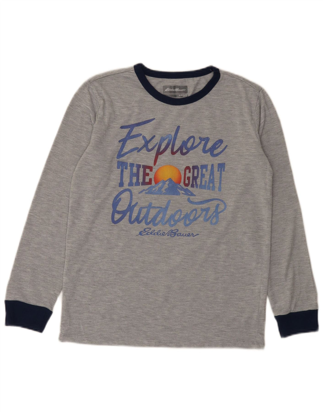 Eddie Bauer Boys Graphic Top manga comprida 10-11 anos cinza médio manchado