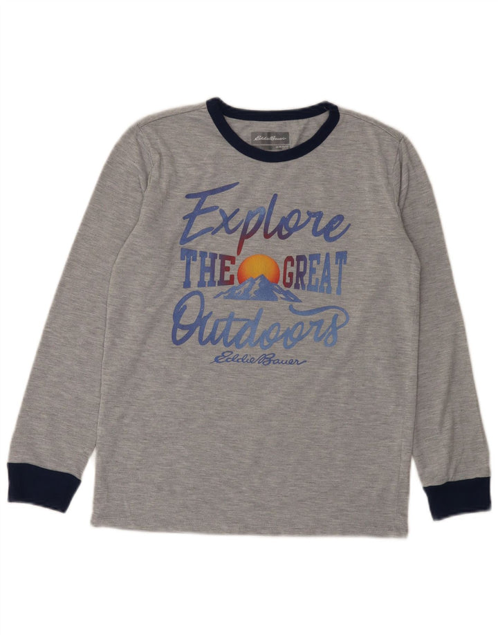Eddie Bauer Boys Graphic Top manga comprida 10-11 anos cinza médio manchado