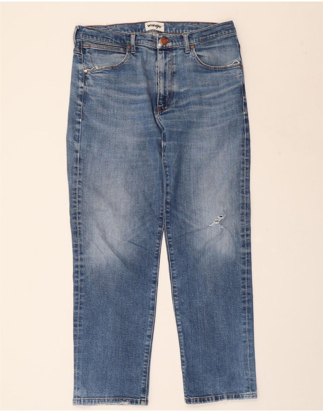 Calça jeans reta masculina WRANGLER desgastada W34 L30 algodão azul