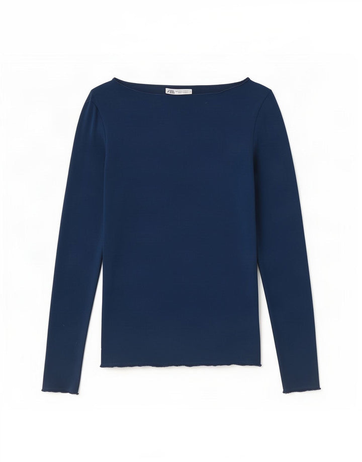 Top feminino Zara manga comprida UK 8 pequeno azul marinho