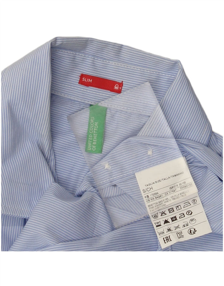Camisa masculina Slim Benetton pequena listrada azul de algodão