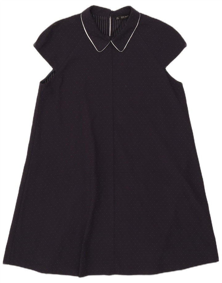 Vestido feminino Zara A-Line UK 14 grande poliéster manchado azul marinho