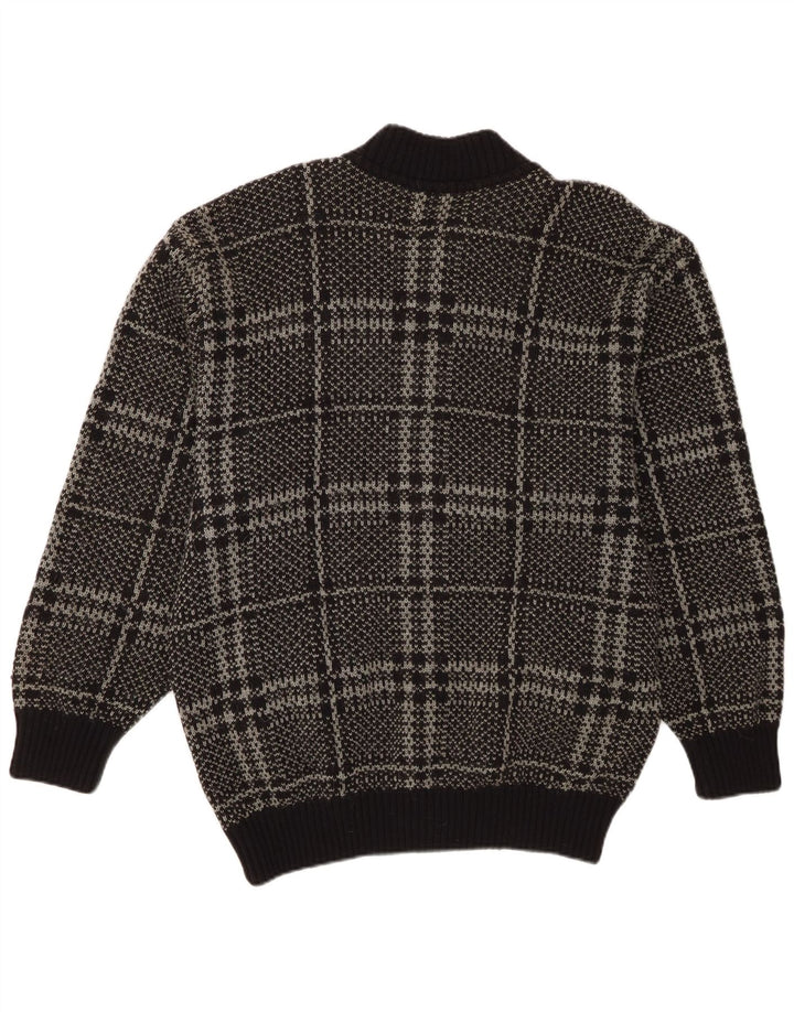 Suéter cardigã masculino vintage IT 52 grande lã xadrez preta