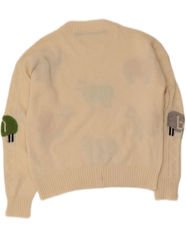 Suéter feminino Benetton com gola redonda UK 10 pequeno bege estampa animal