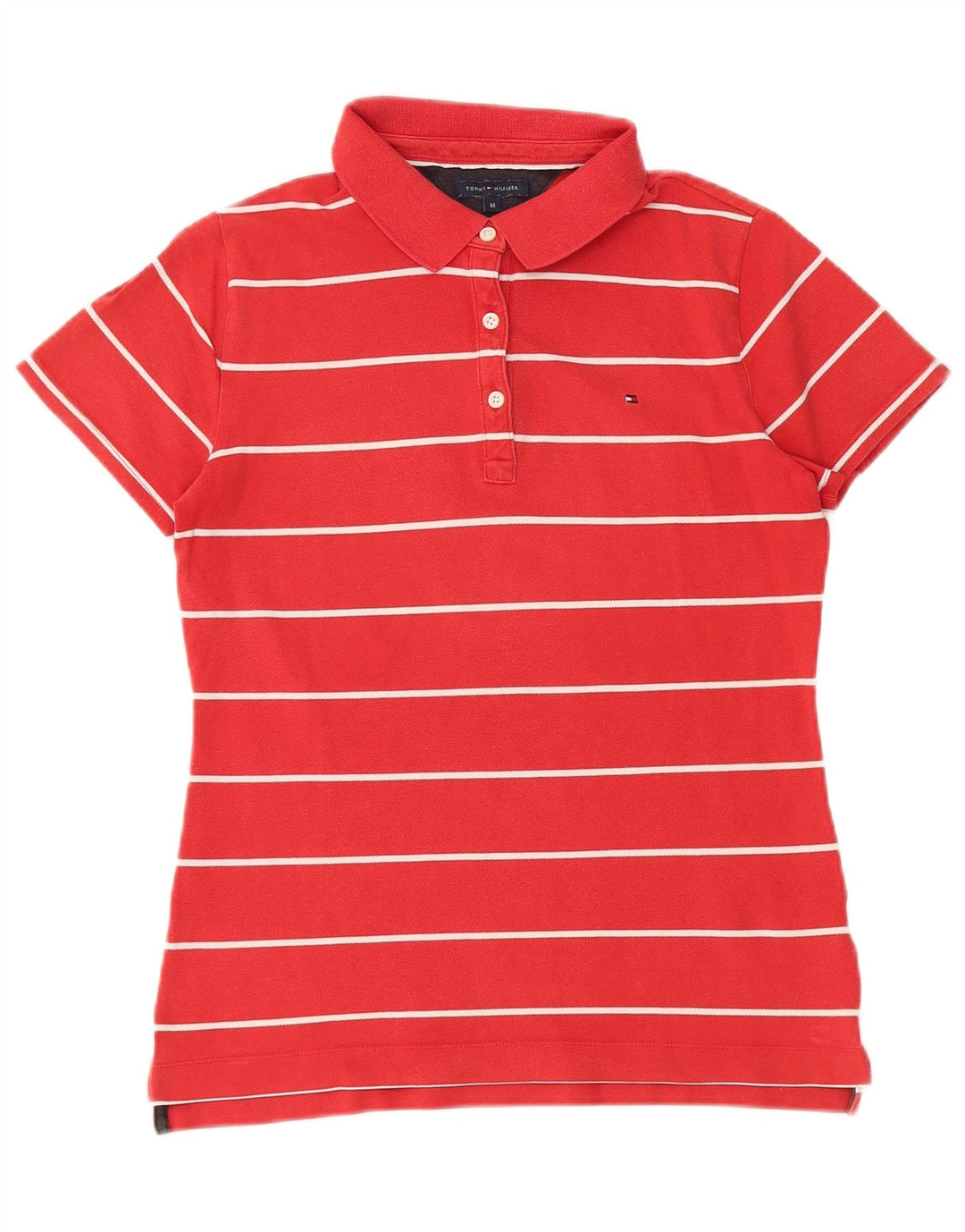 Camisa polo feminina TOMMY HILFIGER Reino Unido 12 algodão listrado vermelho médio