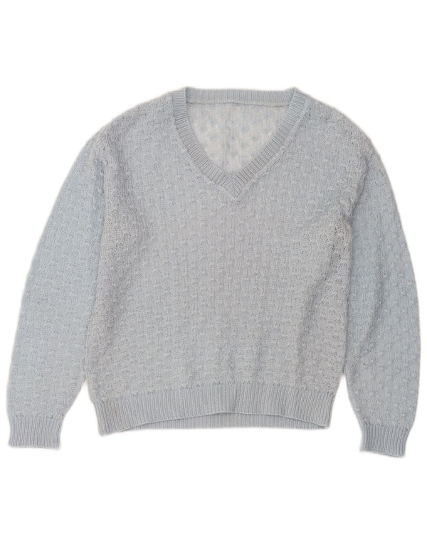 Suéter feminino vintage com decote em V UK 14 azul médio