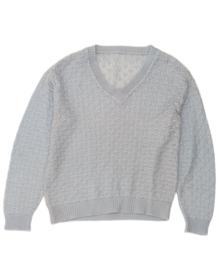 Suéter feminino vintage com decote em V UK 14 azul médio