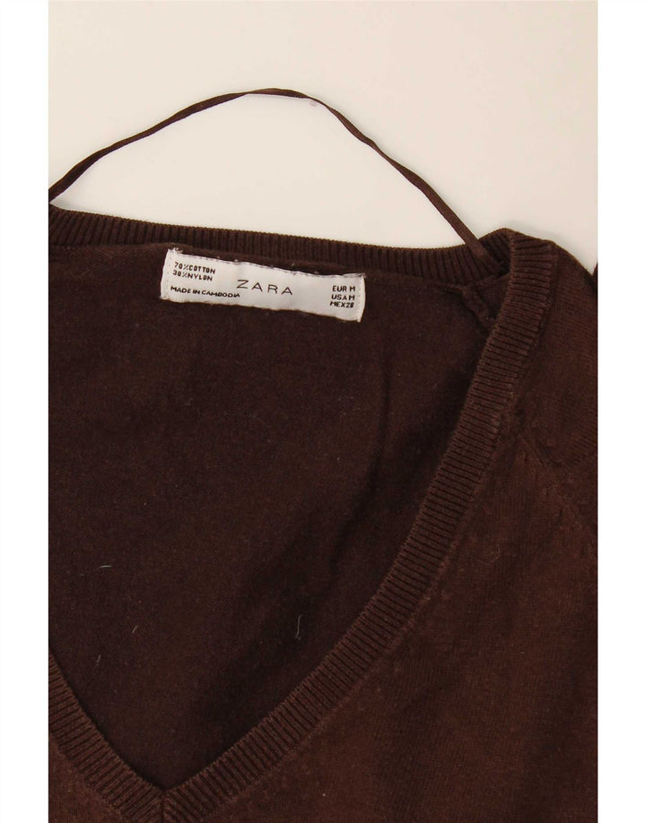 Suéter feminino Zara com decote em V Reino Unido 12 algodão marrom médio