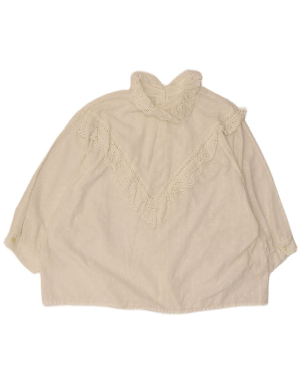 Blusa feminina vintage manga 3/4 com babado frontal UK 20 2XL branca