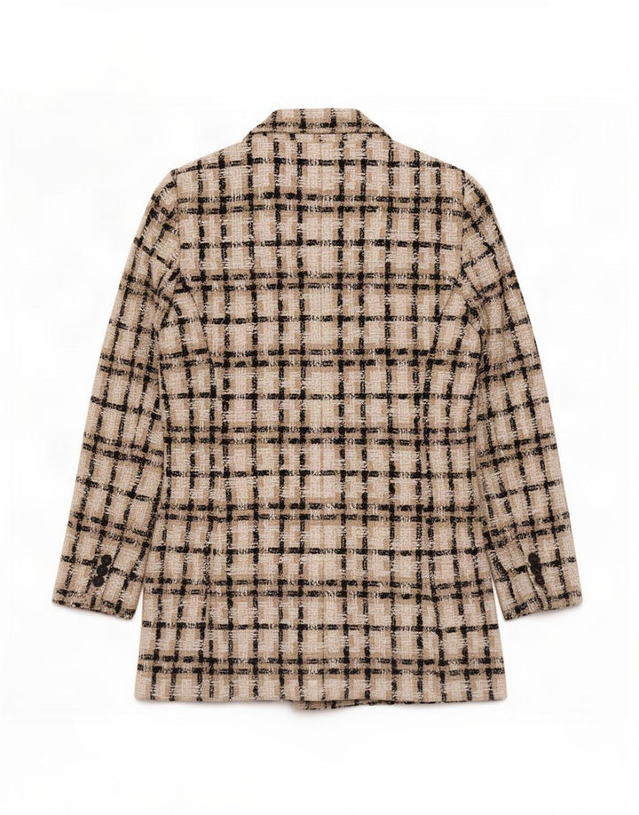 Jaqueta blazer feminina Zara com peito duplo Reino Unido 12 acrílico xadrez bege médio