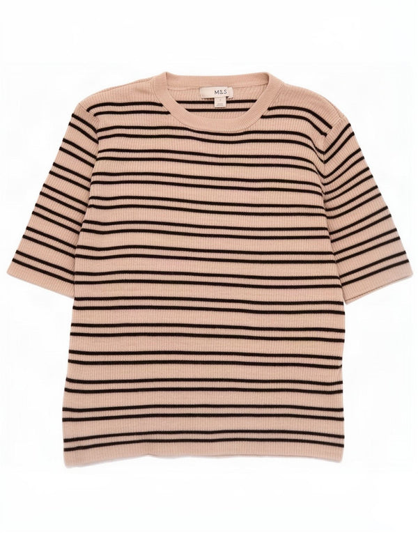 Camiseta feminina Marks & Spencer UK 14 grande viscose listrada bege