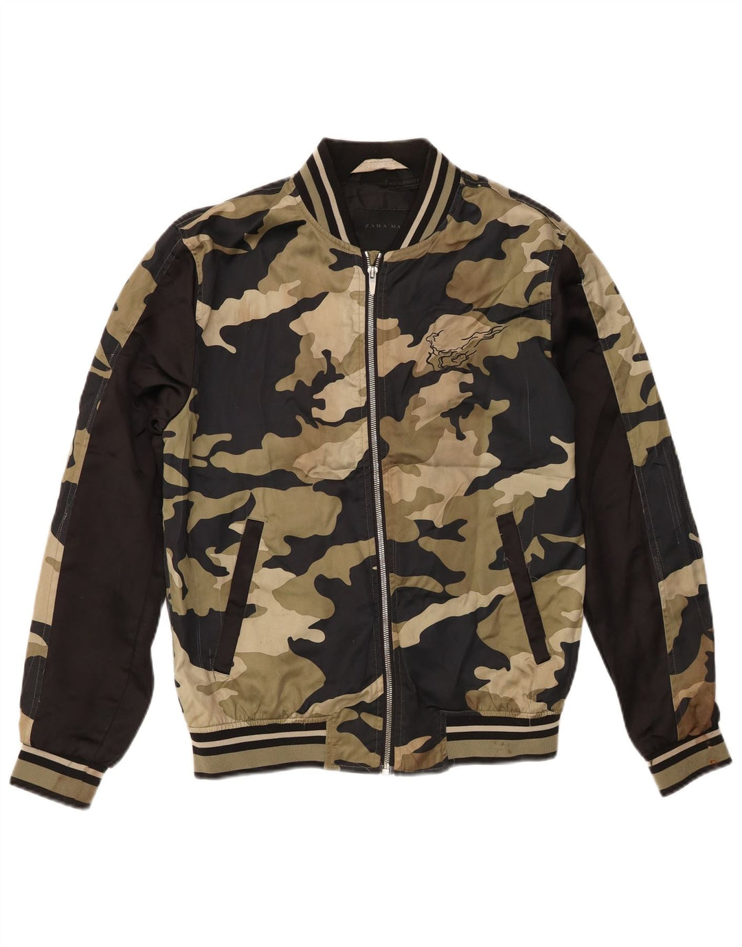 Zara Mens Graphic Bomber Jacket UK 38 Médio Cáqui Camuflagem Poliéster