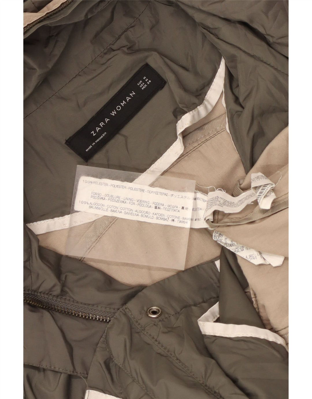 Zara Womens Hooded Utility Jacket UK 12 Medium Khaki Poliéster