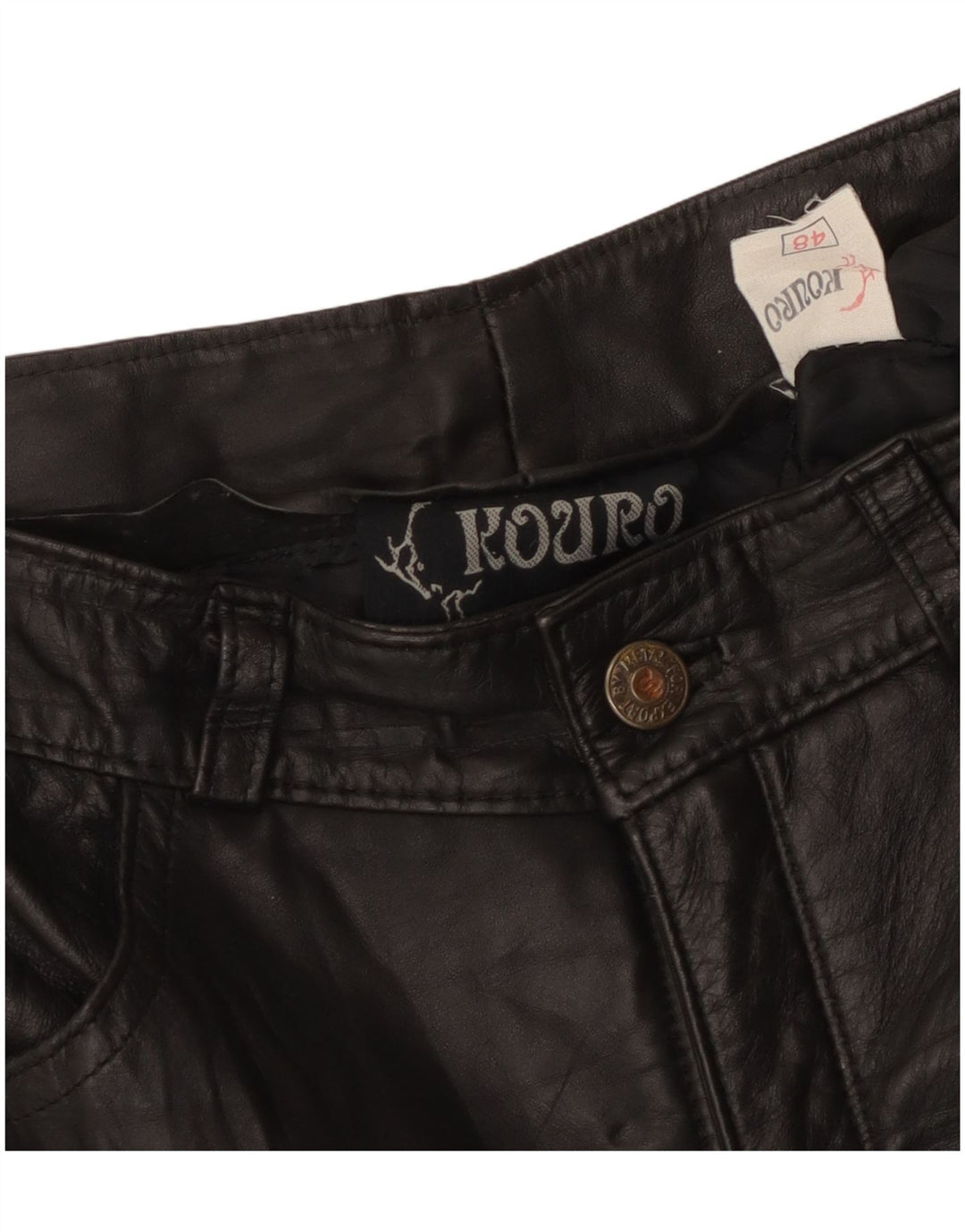 Calças de couro retas femininas vintage W30 L29 pretas
