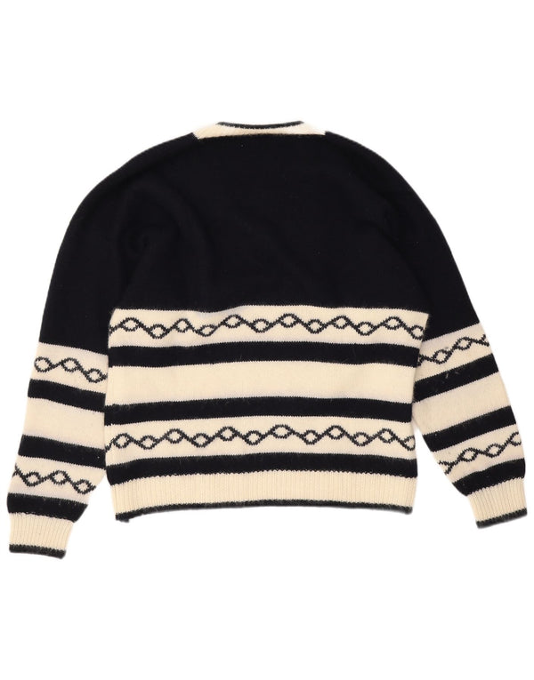 Suéter masculino vintage com decote em V médio azul marinho geométrico