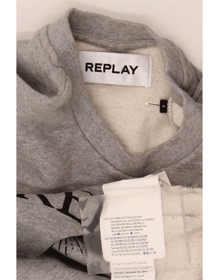 Replay feminino gráfico oversized moletom jumper Reino Unido 10 pequeno algodão cinza